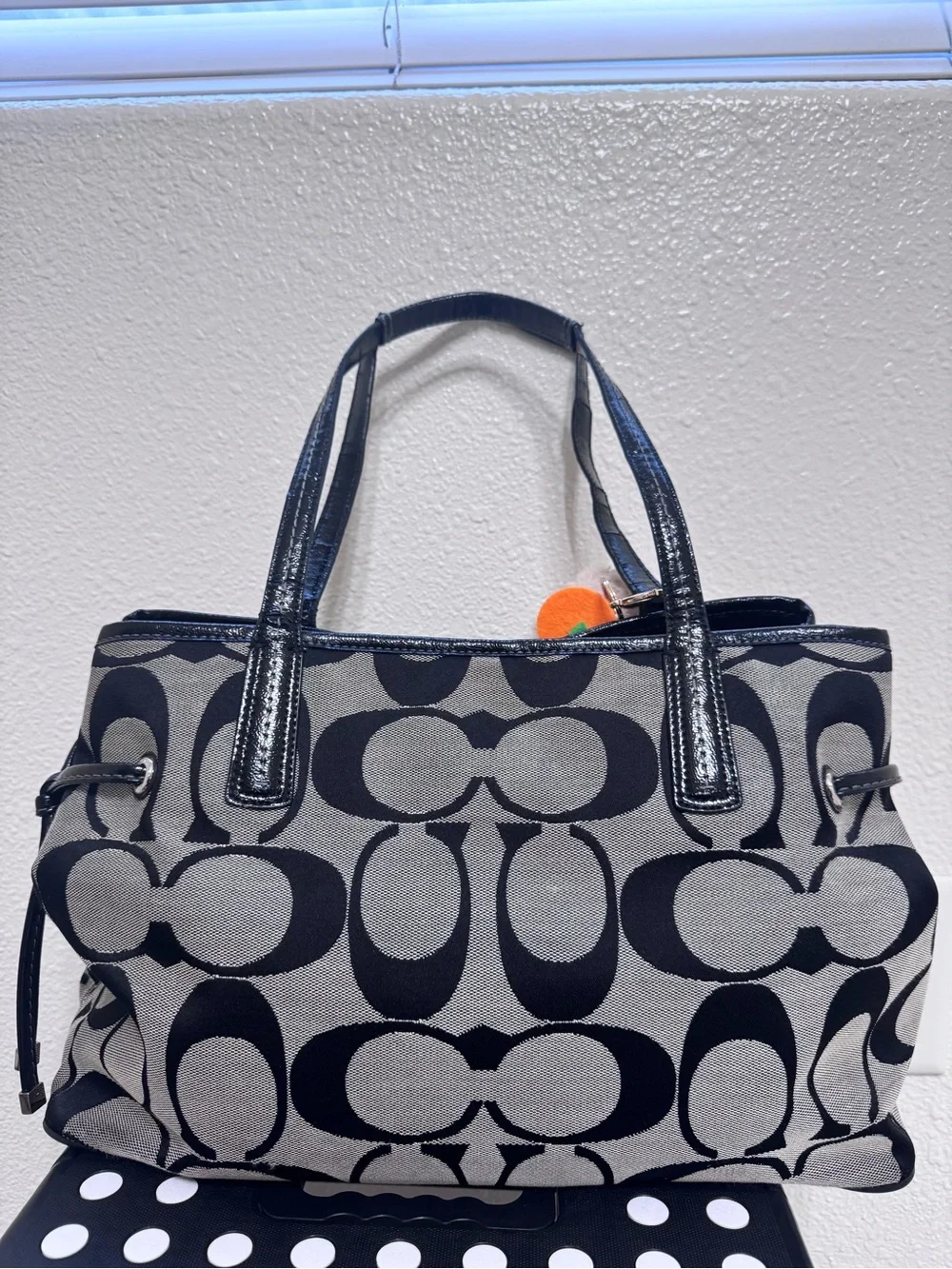 Coach Black and Gray Signature Canvas Tote with Charm